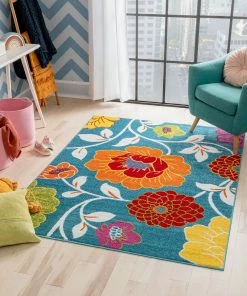 Well Woven Starbright Daisy Flowers Blue Rug