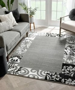 Well Woven Damask Grey Modern Border Rug