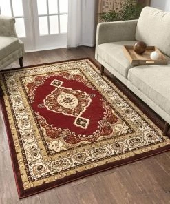 Well Woven Isfahan Medallion Red Traditional Rug Oriental & Persian