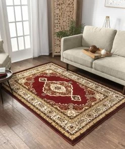 Well Woven Isfahan Medallion Red Traditional Rug Oriental & Persian
