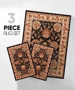 Well Woven Geometric Abbasi Black Modern 3-Piece Set (5' X 7' And Bonus 20" X 31" Mats)