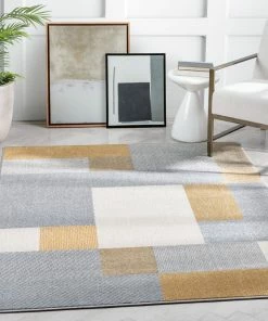 Well Woven Wilma Modern Geometric Squares Yellow Grey Rug