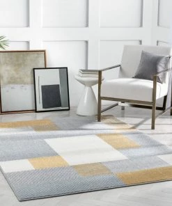 Well Woven Wilma Modern Geometric Squares Yellow Grey Rug