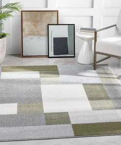 Well Woven Wilma Modern Geometric Squares Green Grey Rug
