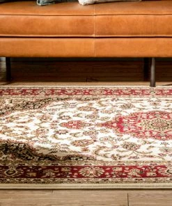 Well Woven Medallion Kashan Ivory Traditional Rug Oriental & Persian