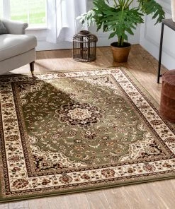 Well Woven Medallion Kashan Green Traditional Rug Oriental & Persian