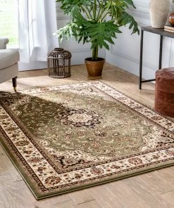 Well Woven Medallion Kashan Green Traditional Rug Oriental & Persian