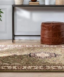 Well Woven Medallion Kashan Green Traditional Rug Oriental & Persian