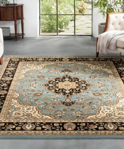 Well Woven Medallion Kashan Light Blue Traditional Rug Oriental & Persian