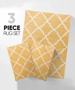 Well Woven Trellis Yellow Modern 3-Piece Set (5' X 7' And Bonus 20" X 31" Mats)