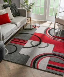 Well Woven Galaxy Waves Grey Red Modern Geometric Rug