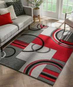 Well Woven Galaxy Waves Grey Red Modern Geometric Rug