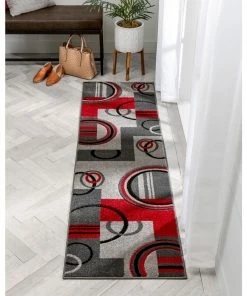 Well Woven Galaxy Waves Grey Red Modern Geometric Rug