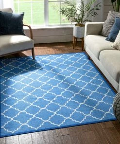 Well Woven Machine Washable Brooklyn Trellis Blue Modern Non Slip Washable Rug
