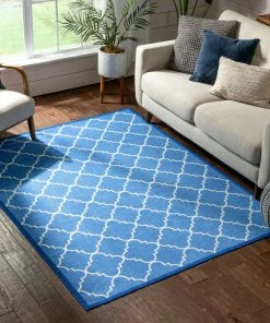 Well Woven Machine Washable Brooklyn Trellis Blue Modern Non Slip Washable Rug