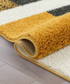 Well Woven Cubes Geometric Boxes & Squares Gold Grey Thick Shag Rug