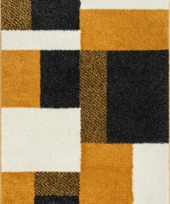 Well Woven Cubes Geometric Boxes & Squares Gold Grey Thick Shag Rug