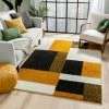 Well Woven Cubes Geometric Boxes & Squares Gold Grey Thick Shag Rug