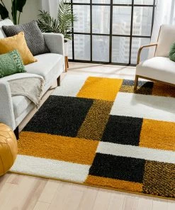 Well Woven Cubes Geometric Boxes & Squares Gold Grey Thick Shag Rug