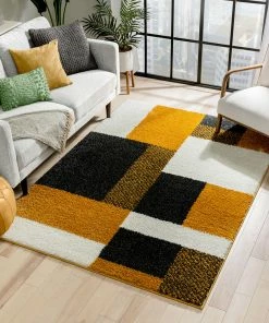 Well Woven Cubes Geometric Boxes & Squares Gold Grey Thick Shag Rug
