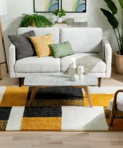 Well Woven Cubes Geometric Boxes & Squares Gold Grey Thick Shag Rug