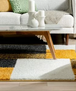 Well Woven Cubes Geometric Boxes & Squares Gold Grey Thick Shag Rug