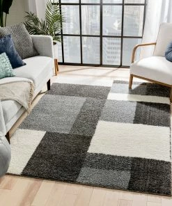 Well Woven Cubes Geometric Boxes & Squares Dark Grey Thick Shag Rug