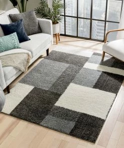 Well Woven Cubes Geometric Boxes & Squares Dark Grey Thick Shag Rug