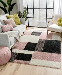 Well Woven Cubes Geometric Boxes & Squares Blush Grey Thick Shag Rug