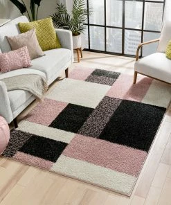 Well Woven Cubes Geometric Boxes & Squares Blush Grey Thick Shag Rug