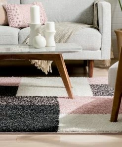 Well Woven Cubes Geometric Boxes & Squares Blush Grey Thick Shag Rug