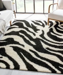 Well Woven Safari Zebra Black Contemporary Shag Rug Geometric