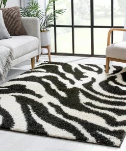 Well Woven Safari Zebra Black Contemporary Shag Rug Geometric