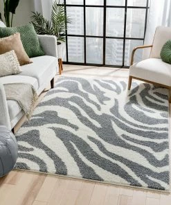 Well Woven Zebra Animal Print Stripes Light Grey Ivory Thick Shag Rug