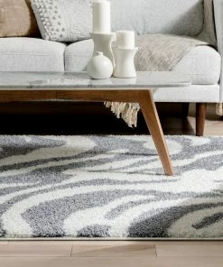 Well Woven Zebra Animal Print Stripes Light Grey Ivory Thick Shag Rug