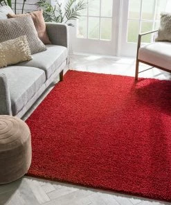 Well Woven Plain Red Solid Rug Shag