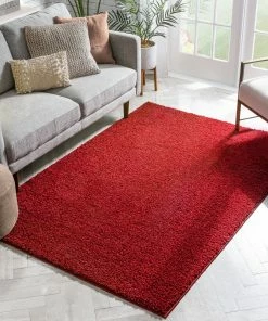Well Woven Plain Red Solid Rug Shag