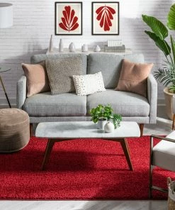 Well Woven Plain Red Solid Rug Shag