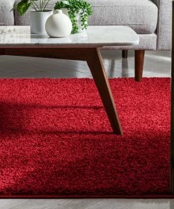 Well Woven Plain Red Solid Rug Shag