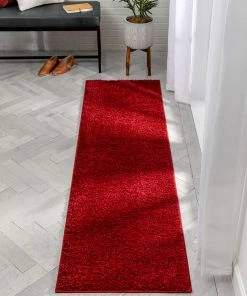 Well Woven Plain Red Solid Rug Shag