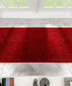 Well Woven Plain Red Solid Rug Shag