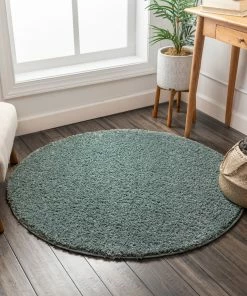 Well Woven Plain Light Blue Modern Solid Round Rug Shag