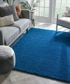 Well Woven Plain Dark Blue Modern Solid Rug Shag
