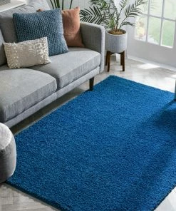Well Woven Plain Dark Blue Modern Solid Rug Shag