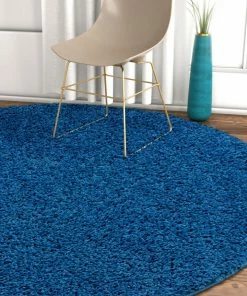 Well Woven Shag Plain Dark Blue Modern Solid Round Rug