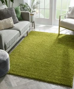 Well Woven Shag Plain Green Solid Rug