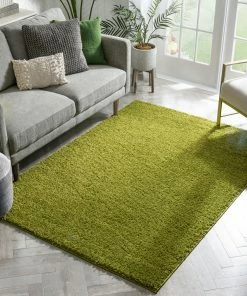 Well Woven Shag Plain Green Solid Rug