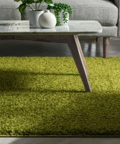 Well Woven Shag Plain Green Solid Rug