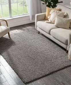 Well Woven Shag Plain Grey Solid Rug