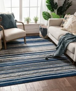 Well Woven Signature Stripes Blue Modern Distressed Rug Global
